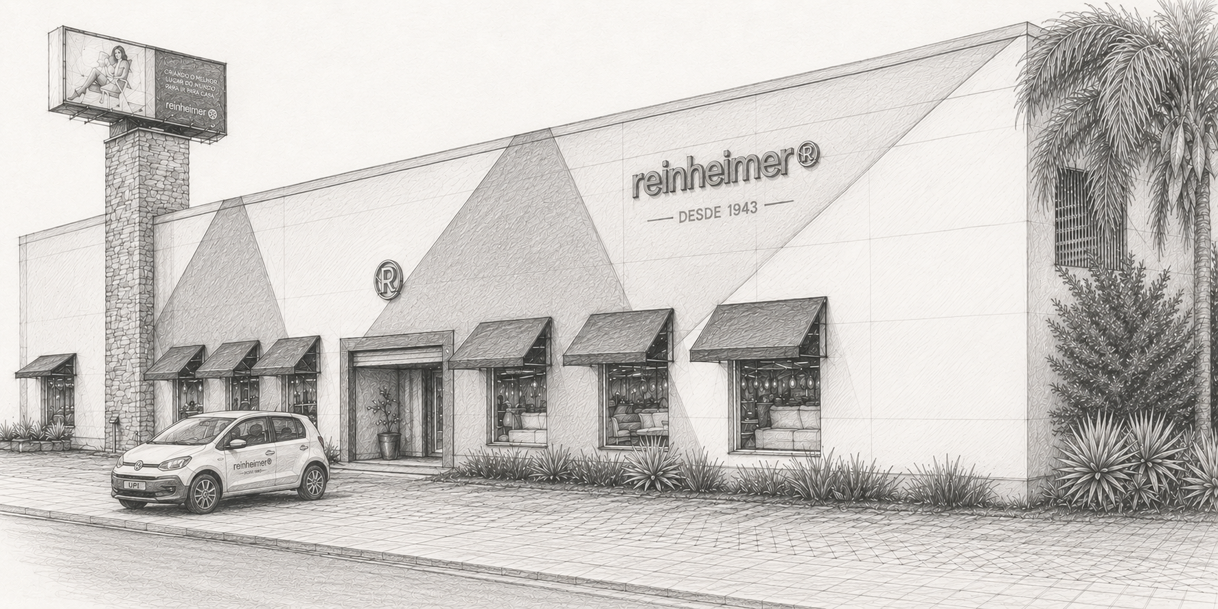 Ilustração conceitual da fachada da loja Móveis Reinheimer